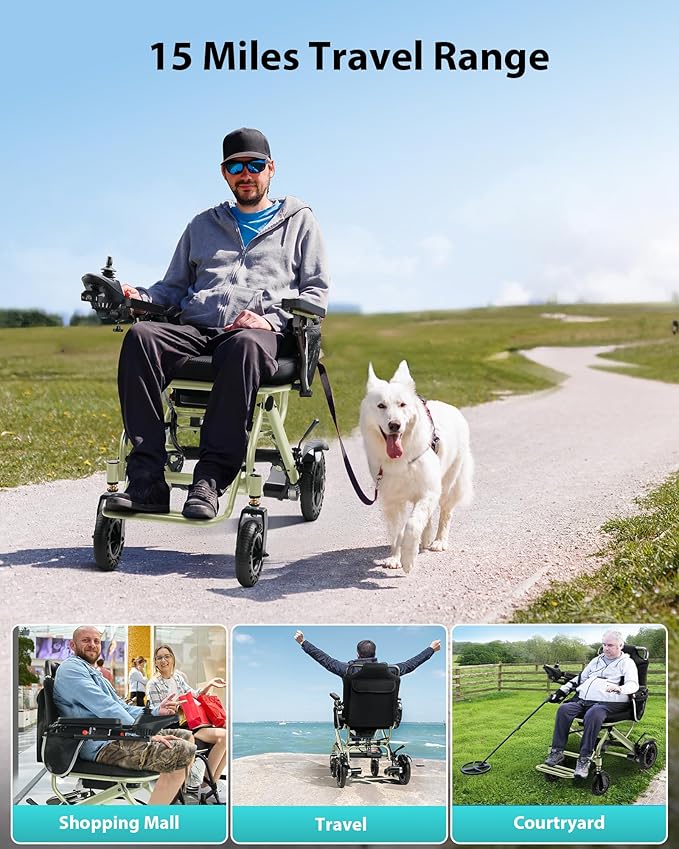 33 Lbs Lightweight Electric Wheelchair, Electric Wheelchairs for Adults Foldable, 15 Miles Range Motorized Wheelchair for Seniors, All Terrain Portable Power Wheelchair, 330 Lbs Capacity, Apple Green
