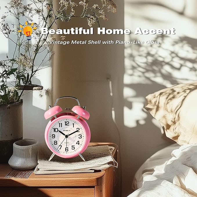 AYRELY® Super Loud Twin Bell Alarm Clock for Heavy Sleepers, 4-Inch Silent Non-Ticking Quartz with Backlight, Metal Cute Clock for Kids' Rooms (Pink)