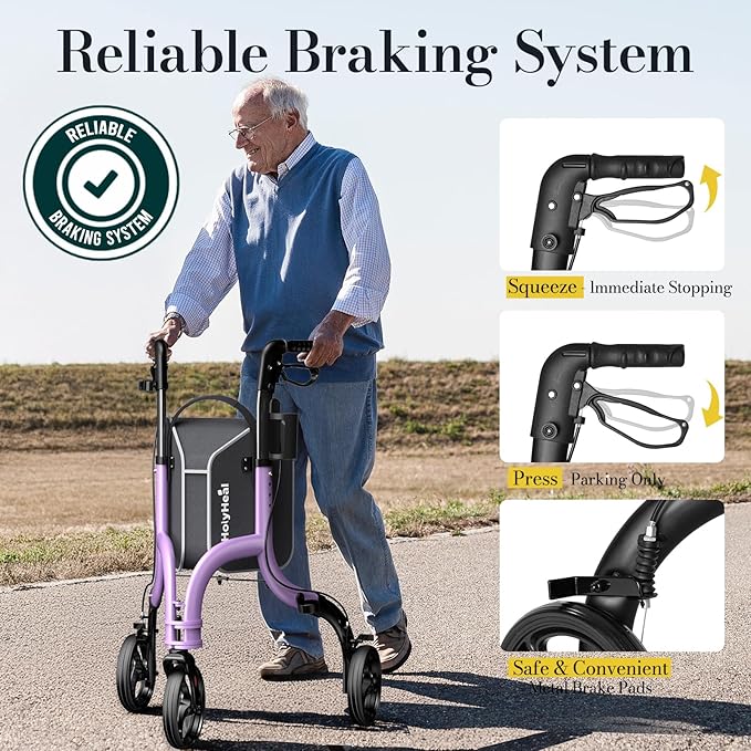 3 Wheel Walkers for Seniors, Lightweight Rollator Walkers Foldable for Elderly with Cane Hold and Cup Hold, Height Adjustable Aluminum Three Wheel Rolling Walker Mobility Aid, Purple