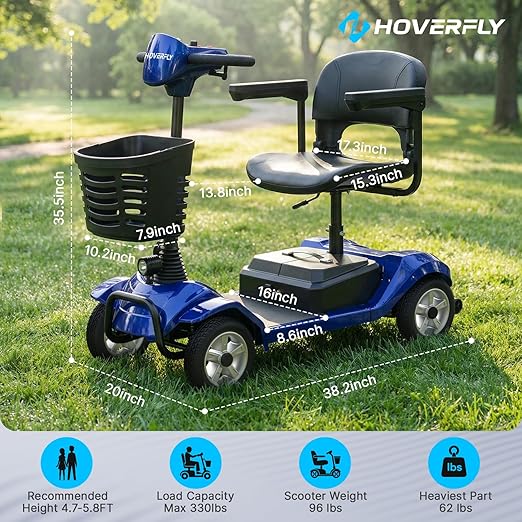 Hoverfly T4 Mobility Scooter for Seniors, Max 12.4-Mile Range & 3.7 mph, 3-Position Seat & Anti-slip Rear Wheel, Removed Battery&Quick Fold Design, Solid 9" Tire&330 lb Capacity, Ease of Assembly Blue