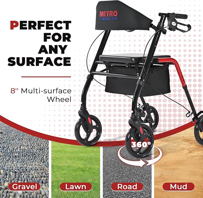 Metro Mobility Rollator Walker with Seat for Seniors, Foldable Lightweight Rolling Walker, 8" Big Wheels for All Terrain, 300 lb. Weight Capacity, Red