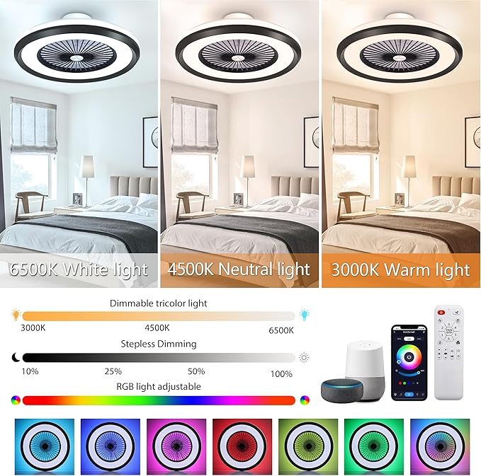 24" Bladeless Ceiling Fans with Lights and Remote/APP/Voice Control, Low Profile Ceiling Fan with RGB Lights, Smart Flush Mount Ceiling for 6 Speeds Timing Reversible