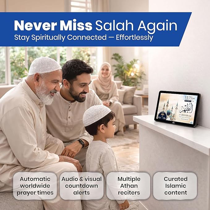 Masjidal 10" Smart WiFi Digital Azan Clock & Islamic Prayer Frame – Automatic Worldwide Prayer & Iqamah Times, Full Quran Player, Athan Alarm, Ramadan Clock, Touchscreen Muslim Home Display, Black