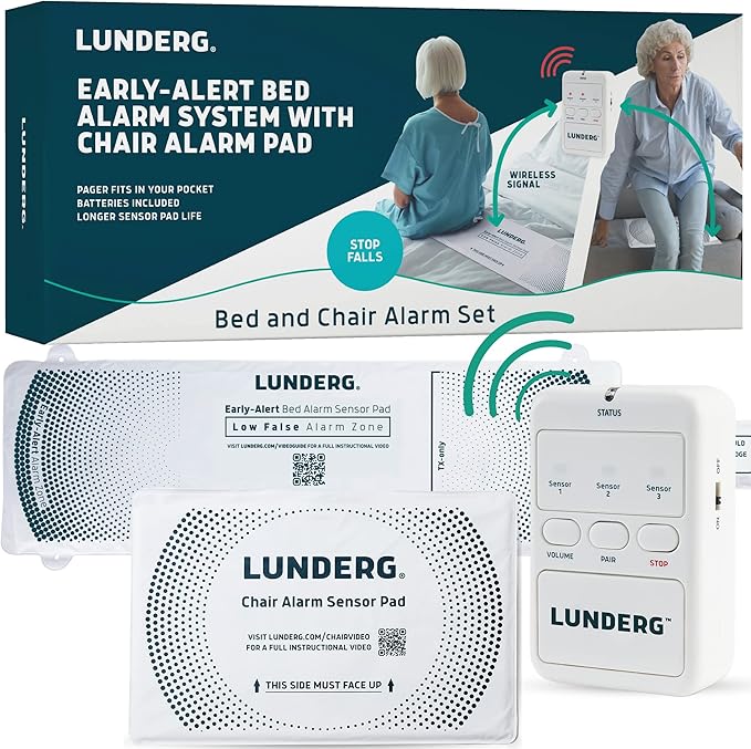 Lunderg Wireless Bed and Chair Alarm Set Early-Alert Pad and Pager for Seniors