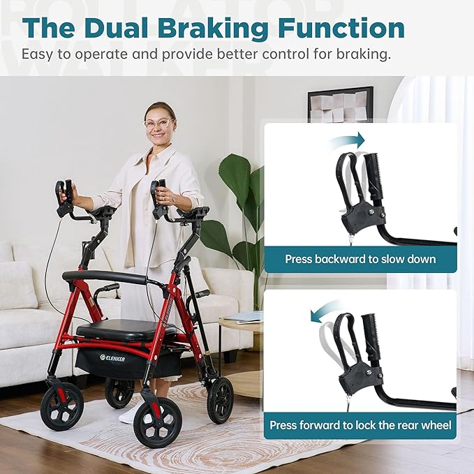 ELENKER All Terrain Heavy Duty Upright Walker with Extra Wide Seat, Foldable Aluminum Bariatric Stand Up Rolling Walker, 10” Wheels, Fully Adjustment Frame, Support up to 500 lbs for Seniors, Red