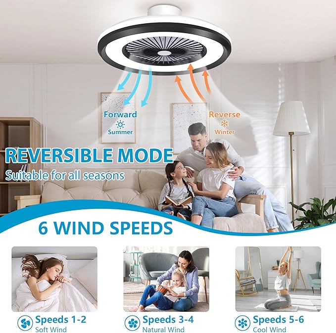 24" Bladeless Ceiling Fans with Lights and Remote/APP/Voice Control, Low Profile Ceiling Fans with with Alexa, Smart Modern Ceiling Fan Dimmable LED Light 6 Speeds Timing Reversible