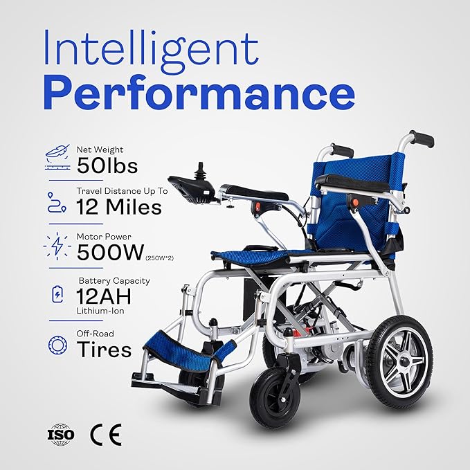 Artemis Pro Lightweight Foldable Electric Wheelchairs for Seniors - 2x250W Power Wheelchair - Travel/User Friendly Electric Wheelchairs for Seniors, Long Range Electric Wheelchair (Blue)
