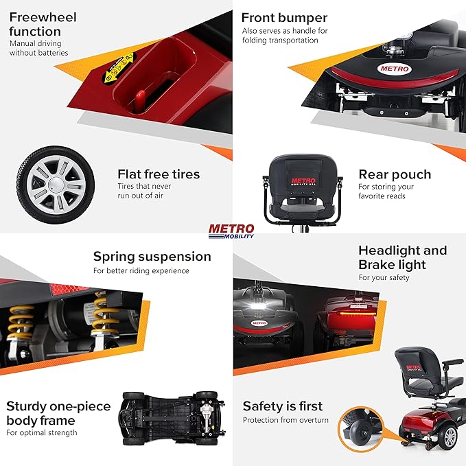 Metro Mobility Scooters with seat for Adults, Seniors, Travel, 4-Wheel Electric Powered Motorized Scooter, 2 Removable Batteries，w/Charge & Light-M1 Red