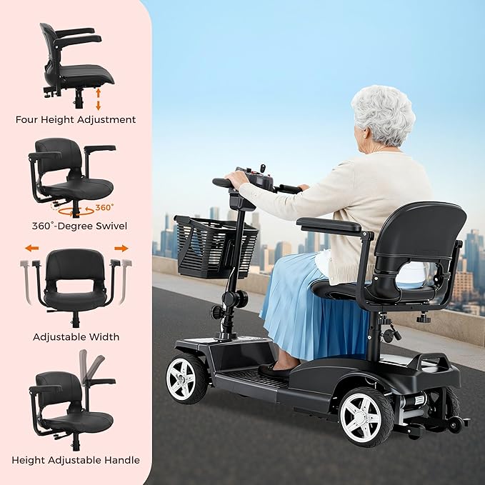 4 Wheel Mobility Scooter for Seniors & Adults 15 Mile Range, 6 MPH Powered Mobility Scooter with 300 lbs Capacity, Foldable Compact Mobility Scooter for Travel, Electric Wheelchair Gray