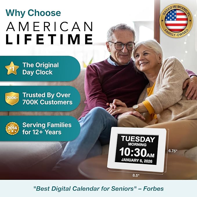 American Lifetime 【New 2025】 Dementia Digital Clock for Seniors, Large Display with Custom Alarms, Clock with Day & Date for Elderly, Large Number Digital Clock White