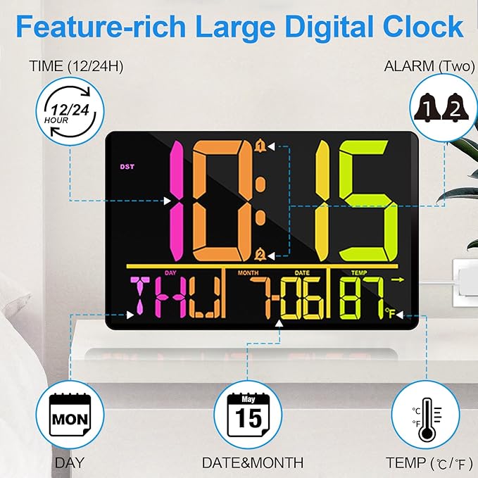PERSUPER 13" Large Digital Wall Clock with Remote, RGB Color Changing, 25 Ringtones, 0-100% Auto/Custom Brightness, Temperature, Calendar, 12/24H, DST, Timer, for Living Room/Bedroom/Office/Elderly