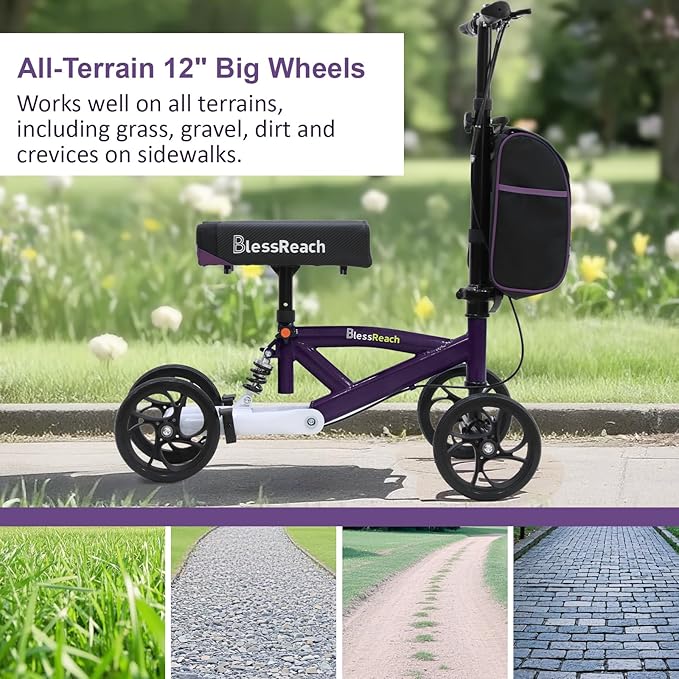 BlessReach Steerable Knee Walker Deluxe Medical Scooter for Foot Injuries Compact Crutches, with Dual Rear on-Wheel Brake and Shock Absorption Under The Knee pad