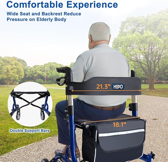 HEPO Rollator Walkers with Ergonomic Seat for Seniors,Foldable Rolling Walker with 8" All Terrain Wheels, Handles and Brakes for Seniors and Adult