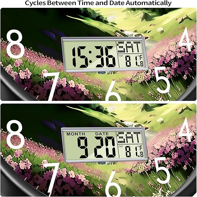 14'' Silent Non-Ticking Rustic Mountain Wildflowers Wall Clock, Battery Operated Analog with LCD Date Day Temp Display, for Living Room Bedroom Farmhouse Cottage Cabin Decor