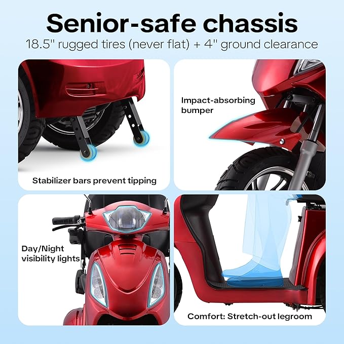 Super Large Electric 4 Wheel Mobility Scooters, Heavy Duty 800W Wheelchair Device, 25 Miles Long Range, All Terrain Mobility Scooter，Speed Adjust, Remote Key,Receive Ready to Ride (3 Wheel -red)