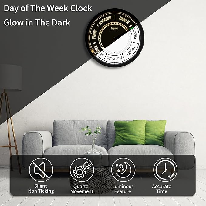 Day of The Week Wall Clock with Night Light - 12" Analog Silent Non-Ticking Clock with LED Night Light, Calendar Day Clock Perfect for Home, Office, and Retirement Gifts