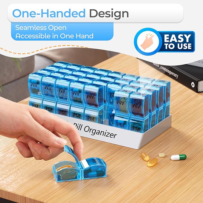 Monthly Pill Organizer AM/PM 30-Day Travel Medicine Case for Vitamins Blue