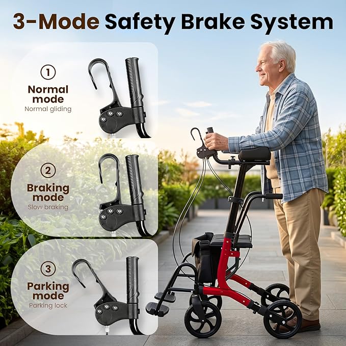 Upright Walkers for Seniors 450 lbs Capacity, 22 lbs Foldable Lightweight Walkers for Seniors with Seat, Armrest and Pedal, Height Adjustable Rollator Walker with Seat for Travel & Gift (Red)