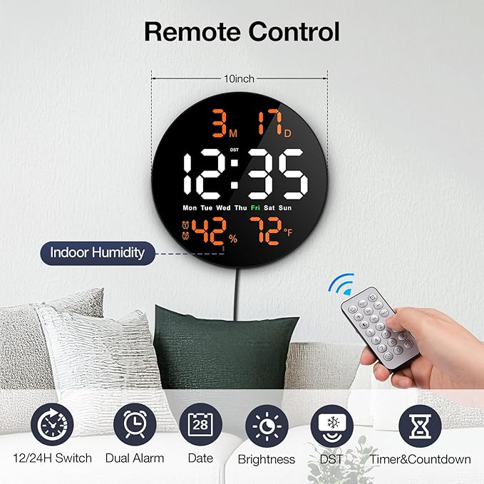 Large Digital Clock for Classroom, Digital Classroom Clocks for Teachers, 10" Round LED Clock with Large Display，Date, Countdown Timer, Remote Control, Temperature, Electric (Orange)