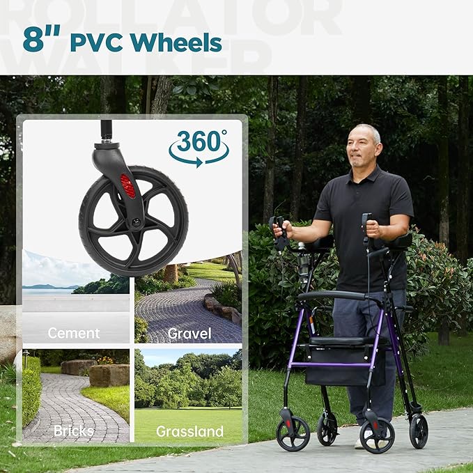 ELENKER Upright Walker, Stand Up Rollator Walker with Padded Seat and Backrest, Compact Folding, Fully Adjustment Frame for Seniors, Purple
