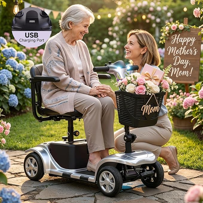 XERATH Mobility Scooters for Seniors Lightweight and Portable,Mobility Scooter with LED Headlights and Basket,lightest Foldable Mobility Scooter 4 Wheels Electric Powered Chargeable Device (Silver)
