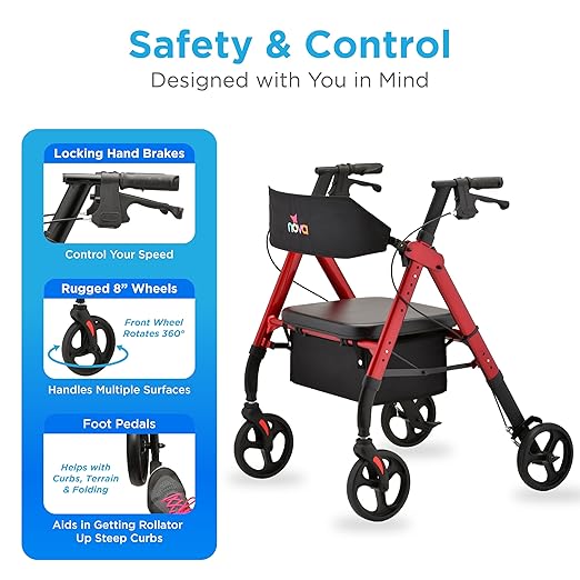 NOVA Star 8 Foldable Rollator Walker for Seniors, 400 lb Weight Capacity, Wide Padded Backrest with Seat, 8” All-Terrain Wheels, Easy-Grip Locking Hand Brakes, Height Adjustable, Red