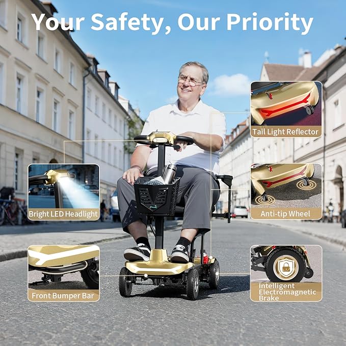 Mobility Scooter for Adults, Seniors - 37.5 lbs Ultra Lightweight Folding Mobility Scooters for Seniors Airport Approved, All Terrain 4 Wheel Motorized Scooter with Storage Bag for Travel, Gold