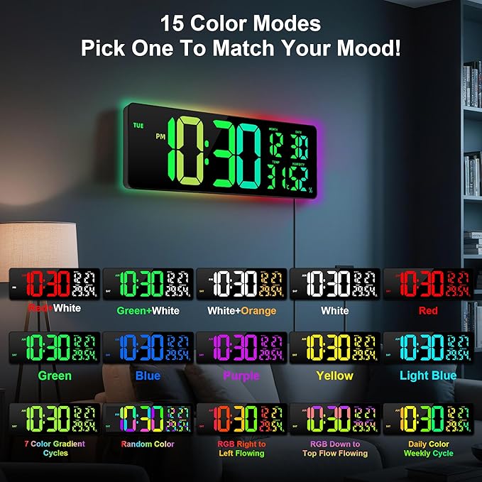 Large Digital Wall Clock 17.3", 15 Color Modes Led Large Number Digital Wall Clock, 8 Color Modes Night Lights, Auto-Dimming/DST, for Classroom Living Room Garage Gym Office, Gift for Senior Mom Dad