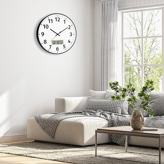 Foxtop 14 Inch Digital Wall Clock with Time, Day of Week and Temperature, Silent Non-Ticking Battery Operated Round Digital and Analog Black Wall Clock for Office Classroom Bedroom Home School