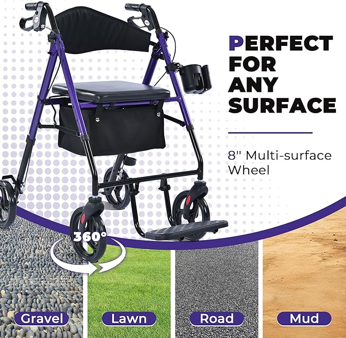 Metro Mobility 2 in 1 Rollator Walker & Transport Wheelchair, Foldable Lightweight Rollator Walker with Seat for Seniors, 8" Big Wheels for All Terrain, 300 lb. Weight Capacity, Purple