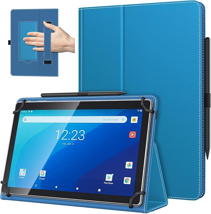 TiMOVO Universal Case for 10.1 Inch Android Tablet with Pen Loop, Lightweight Folding Stand Cover with Hand Strap for All 9.6"-11" Touchscreen Tablet, Blue Wave