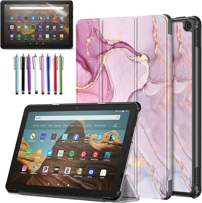 Case for Amazon Fire HD 10 Tablet 10.1" Inch Display (13th Generation, 2023 Released) - Lightweight Tri-fold Stand Cover Case + 1 Screen Protector and 1 Stylus (Pink Marble)