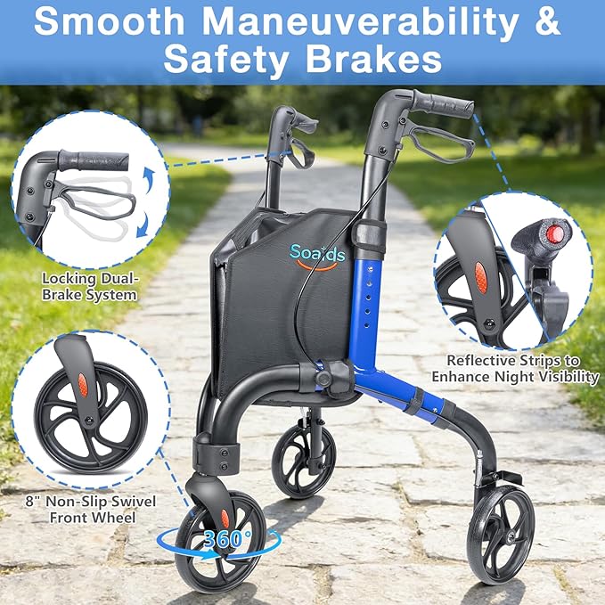 3 Wheel Walkers for Seniors with Bag and Hand Brakes, Lightweight Foldable Rollator with Swivel Front Wheel, Adjustable Height, Compact Mobility Aid for Elderly, Indoor Outdoor Use (Blue)