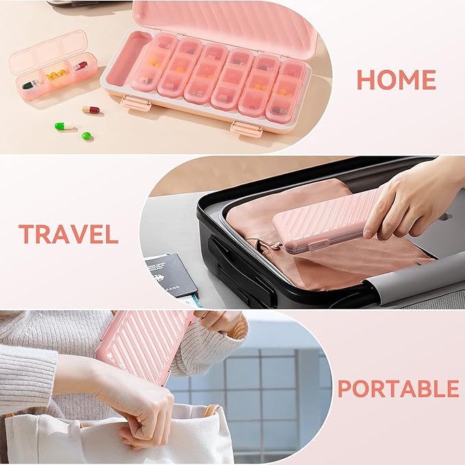 Pill Organizer 3 Times A Day, 7 Day Pill Box - GloDeals Weekly Pill Organizer, Portable Removable Daily Medicine Container Dispenser Case for Vitamin Fish Oil Supplement, Pink