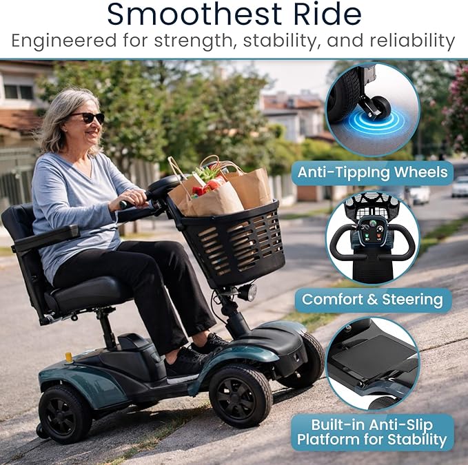 Vive Mobility Scooter for Adults - 4 Wheel Powered Electric Scooter w/Seat for Seniors - 400 lbs Capacity & Extended Range Battery w/Charger - Headlight, Basket & Extra Foot Space