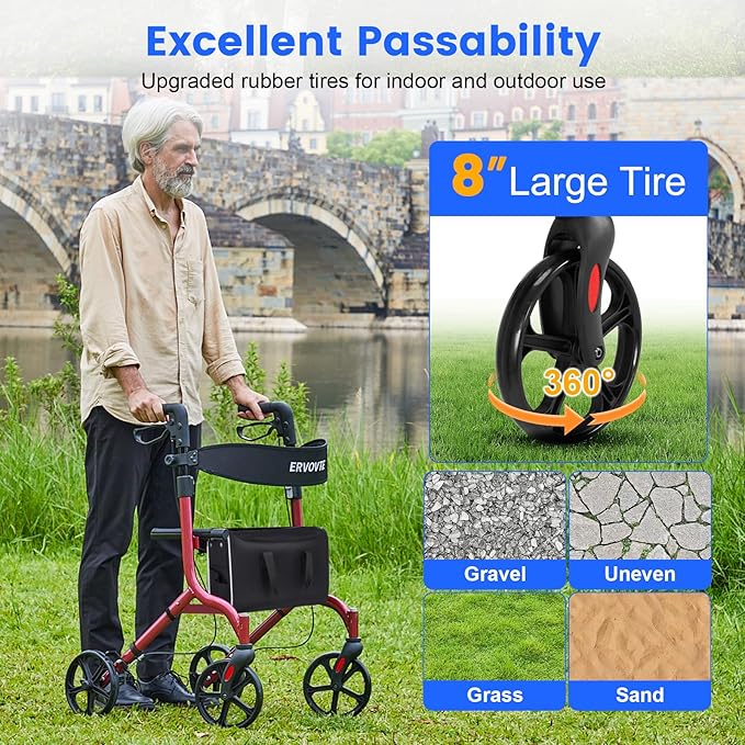Lightweight Folding Walker with Seat for Seniors, Rollator Walker with Dual Brakes for Safety, 8" Big Wheels for All Terrain, Adjustable Height and 300 lbs Capacity