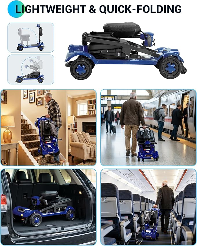 GoldSeason Airline & Cruise Approved Lightweight Mobility Scooter, Portable Foldable Electric Scooter for Seniors/Adults/Elderly/Handicap, 330 lbs Capacity, Compact Travel Scooter with Seat, Blue