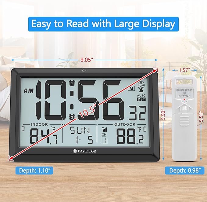 Atomic Clock Wall with Indoor/Outdoor Temp, Battery Operated Digital Wall Clock with 10.5" Large LCD Display, 330ft Range Desk Table Clock with Alarm, DST, Calendar for Living Room Bedrooms, Black