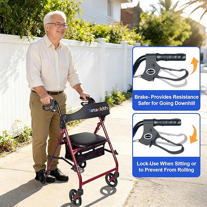 Rollator Walkers for Seniors with Seat, Foldable & One-Hand Carry, Upgraded Rolling Walker with Seat for Seniors, Handles Height Adjustable Rolling Walker for Seniors, Walking & Seated Rest, Red