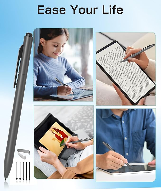 EMR Stylus Compatible with Remarkable 2, Replacement Digital Pen with Eraser, 4096 Pressure Levels, Palm Rejection, Tilt Support-5 Pen Tips（Gray）
