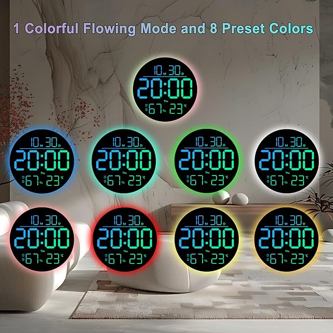 JENLYSTIME 10 Inch LED Digital Wall Clock with RGB Backlight and Countdown Timer｜11 Colors, Dual Alarm, Adjustable Brightness, Temperature & Humidity Display, Modern Silent Clock for Home, Office
