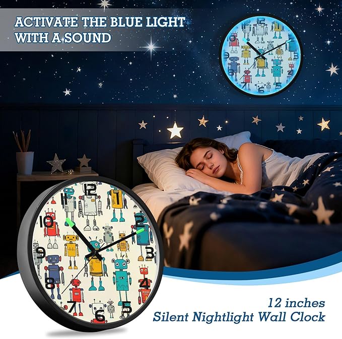 Cute Robots Cartoon Wall Clock with Night Light, Sound Control Clock, Non-Ticking, Battery Operated, Light Up Clocks for Bedroom