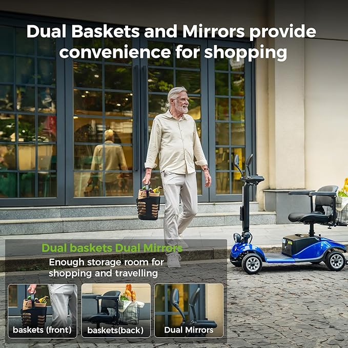 Paiseec Mobility Scooters for Seniors & Adults, Powered Mobility Scooters, 4 Wheel Foldable Mobility Scooter, All Terrain, LED Headlight & Dual Baskets, 350 lb Capacity, FDA Cleared (Blue)