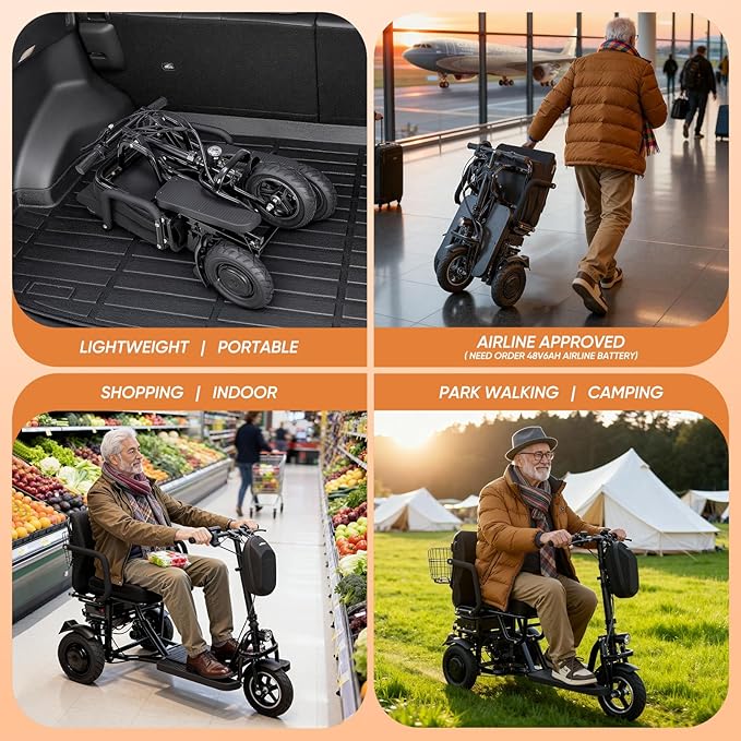 3 Wheel Mobility Scooters for Seniors Foldable Travel Scooter Airline Approved Folding Handicap Scooters for Adults Lightweight Collapsible Electric Mobility Scooter Adults 300 lbs