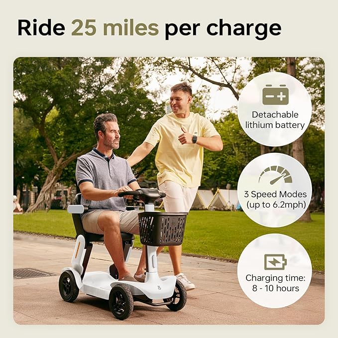 Paiseec S3 Mobility Scooter, Folding Mobility Scooters for Seniors, All Terrain Mobility Scooter, Electric Mobility Scooters for Adults, Folding Mobile Scooter, Auto Speed Control (White, S3-25 Miles)
