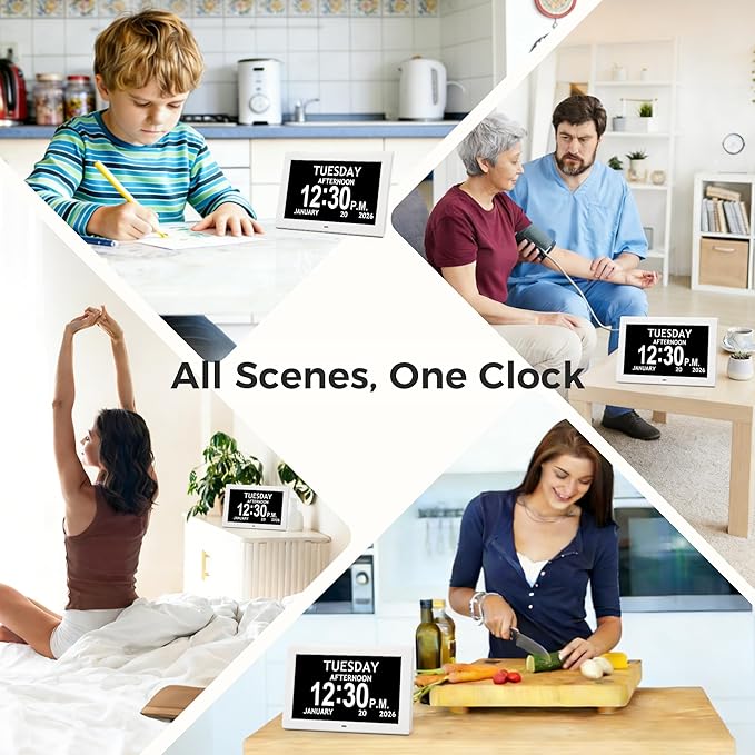 10.1'' Digital Clock With Date And Time, Dementia Clock, Large Display Alarm Clock For Seniors, 10Reminders, 6Alarms, Auto-Dimming, Auto DST, Remote Control, Gifts For People With Dementia, White