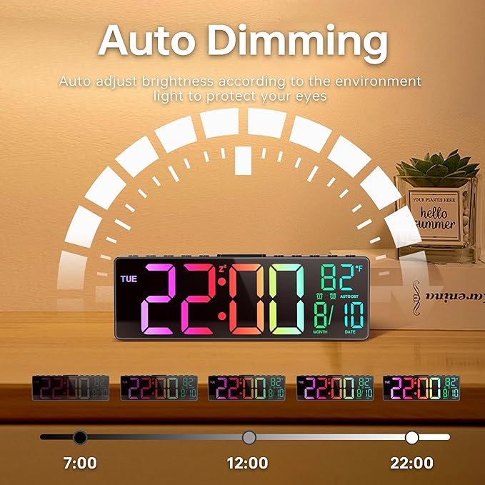 JALL 10.5'' Large Digital Alarm Clock with 8 RGB Colors, Date, Month, Temperature LED, Auto DST, Digital Clock Large Display for Classroom, Office, Bedroom, Back-to-School Gift for Students, Teachers
