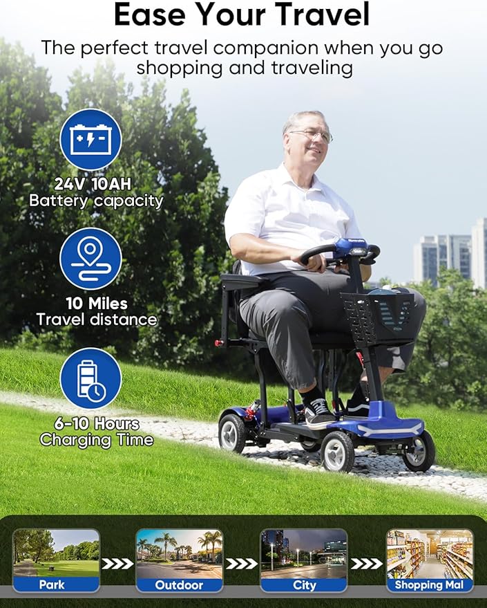 Mobility Scooter for Adults, Seniors - 37.5 lbs Ultra Lightweight Folding Mobility Scooters for Seniors Airport Approved, All Terrain 4 Wheel Motorized Scooter for Travel, 275 lbs Capacity, Blue