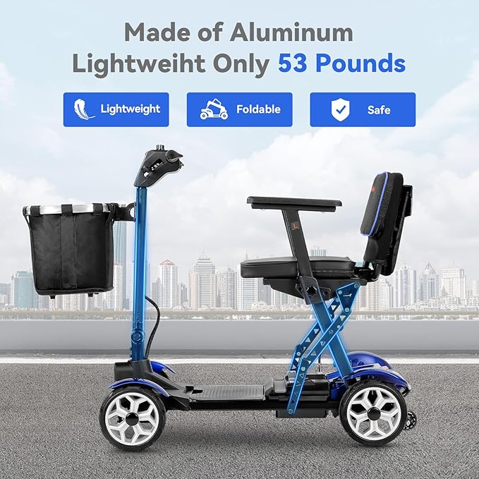 (2026 Upgrade) Lightweight Mobility Scooter for Seniors & Adults, Folding Mobility Scooters, 24.8 Miles Travel Foldable 4 Wheeler, Removable Lithium Battery, 300lb Capacity-Gloss Blue
