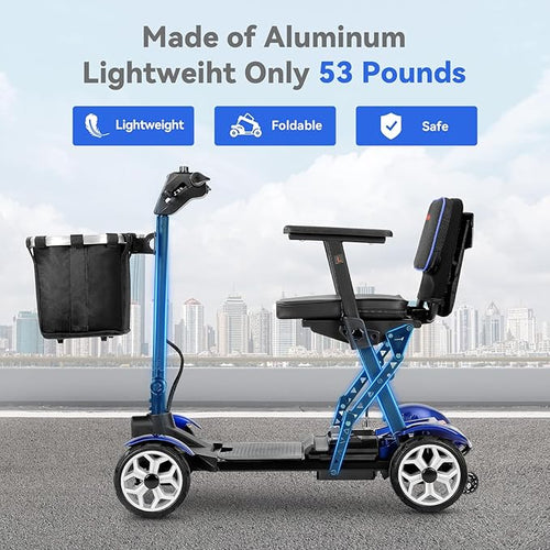 (2026 Upgrade) Lightweight Mobility Scooter for Seniors & Adults, Folding Mobility Scooters, 24.8 Miles Travel Foldable 4 Wheeler, Removable Lithium Battery, 300lb Capacity-Gloss Blue